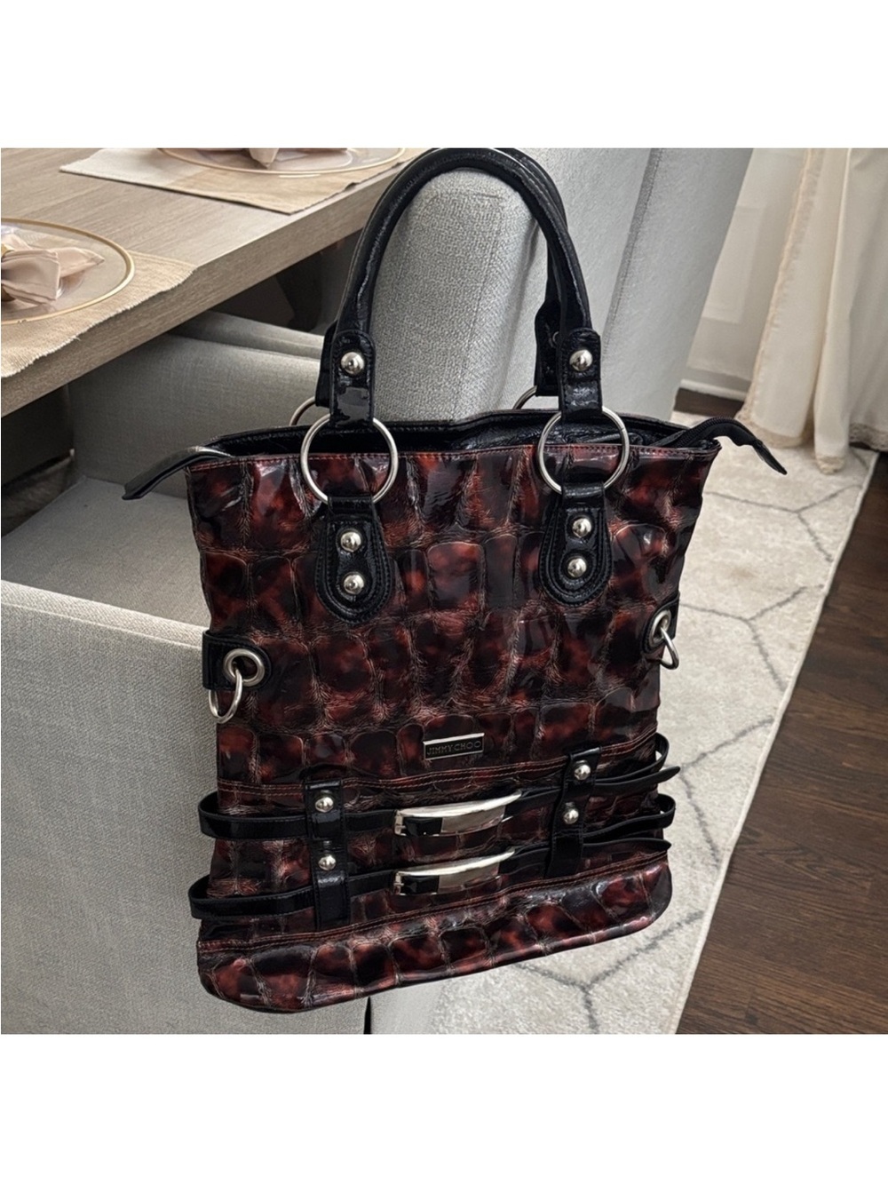 Jimmy Choo Red and Black Textured Tote